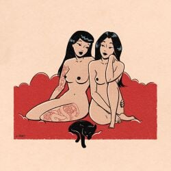 2girls black_hair cat female_only jenifer_prince lesbian multiple_girls naked simple_background tattoo wholesome yuri