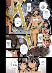 2girls amazon anklet anthro asanagi bangs belt big_breasts black_hair blush bracelet braid brown_fur color dark-skinned_female dark_skin decensored doujinshi dungeon_ni_deai_wo_motomeru_no_wa_machigatteiru_darou_ka english_text female femdom feral gold_(metal) gold_jewelry green_eyes group hair_between_eyes hand_on_head highres horn horns jewelry male midriff minotaur monster muscular muscular_male necklace open_mouth pubic_hair red_eyes shiny_skin short_hair silver_jewelry sisters size_difference skirt small_breasts stockings stretching sword text text_bubble tiona_hiryute tione_hiryute tomboy tongue translated video_games