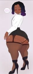 1boy big_ass bobby_(stratosphilia) braids crossdressing dark-skinned_femboy dark-skinned_male dark_skin femboy garter_straps girly heels high_heels huge_ass male male_only office_clothing original painted_nails purple_hair solo speech_bubble stockings stratosphilia_(artist) thick_thighs trap