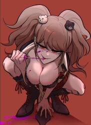 1girls blonde_hair blood blue_eyes bra cleavage danganronpa danganronpa:_trigger_happy_havoc danganronpa_1 junko_enoshima keshin large_breasts pale-skinned_female petite picot_trim picot_trim_bra straight_hair twintails