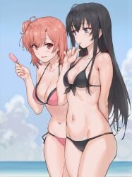 2girls bare_shoulders belly big_breasts bikini black_bra black_hair black_panties blue_eyes blush bra breast_size_difference breasts bun cleavage cloud eating female female_only hair_ribbon hands_behind_back haoni highres holding_popsicle ice_cream long_hair looking_at_viewer looking_away medium_breasts multiple_girls my_teen_romantic_comedy_snafu navel ocean open_mouth outdoors outside panties peach_hair pink_bra pink_eyes pink_hair pink_panties popsicle short_hair shy side_bun sky standing stomach talking yuigahama_yui yukinoshita_yukino