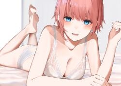 1girls ass big_breasts blue_eyes blush bra breasts cleavage collarbone eye_contact feet female female_only go-toubun_no_hanayome hands happy highres jun30409972 lace-trimmed_bra lace-trimmed_panties legs legs_up light-skinned_female looking_at_viewer lying lying_on_stomach nakano_ichika on_stomach open_mouth panties picot_trim picot_trim_bra picot_trim_panties pink_hair short_hair shoulders smile solo white_bra white_panties wholesome