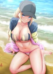 beach big_breasts bikini blonde_hair blue_eyes braid cap female female_only ginhaha hands_behind_back looking_at_viewer paripi_koumei sand solo thick_thighs tsukimi_eiko