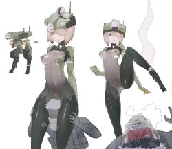 1boy 1girls angry bigsharkuncle blonde_hair blush breasts gekko_(metal_gear_solid) grey_eyes hair_over_one_eye head_between_thighs hi_res highres konami mecha_musume medium_breasts metal_gear metal_gear_solid old_snake personification robot_girl short_hair simple_background solid_snake steaming_body white_background