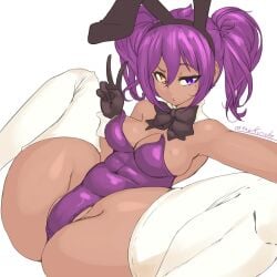 bunnysuit dark-skinned_female heterochromia hispanic_virtual_youtuber peace_sign purple_eyes purple_hair ribbon selfie simple_background spread_legs the_kurieta thick_thighs twintails virtual_youtuber white_thighhighs yellow_eyes yokomara_yuziko