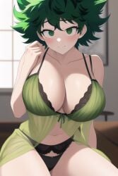 ai_generated bedroom blush female_deku green_hair huge_ass huge_breasts hypercummies izuku_midoriya lingerie my_hero_academia night_gown rule_63