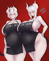 2girls beelzebub_(helltaker) big_belly big_breasts big_tummy blush blushing_at_viewer breasts chubby female female_only helltaker hi_res huge_breasts hyper hyper_breasts lactation large_breasts looking_at_viewer lucifer_(helltaker) milf naked_apron pregnant red_eyes thick_thighs voluptuous white_hair zer0artzer0