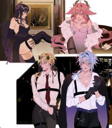 2boys 2girls bare_thighs blonde_hair blue_hair buruchii cleavage dress female flower_in_hair fox_ears genshin_impact gloves high_slit_dress highres hourglass_figure kamisato_ayato leg_up long_hair male pantyhose pink_hair purple_hair raiden_shogun revealing_clothes slim_waist slit_dress spy thighhighs thighs thoma_(genshin_impact) tights voluptuous weapon yae_miko