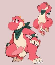 anthro balls bandanna_on_neck bracelet claws crouching erection fangs gazpacho genitals hands_behind_head hi_res jewelry male male_only mario_(series) multiple_images nintendo penis red_body red_scales scales scalie simple_background smile solo spiked_bracelet spikes video_games yoshi