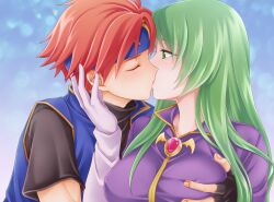 1boy 1girls breast_grab breasts cecilia_(fire_emblem) closed_eyes covered_nipples eyebrows_visible_through_hair female fingerless_gloves fire_emblem fire_emblem:_the_binding_blade gloves grabbing grabbing_another's_breast green_eyes green_hair groping ham_pon headband hetero highres kiss kissing large_breasts long_hair male nintendo red_hair roy_(fire_emblem) short_hair short_sleeves white_gloves