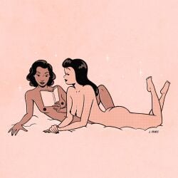 2girls black_hair book dark-skinned_female dark_skin female female_only human human_only interracial interracial_yuri jenifer_prince light-skinned_female light_skin multiple_girls nude nude_female original original_character original_characters reading yuri