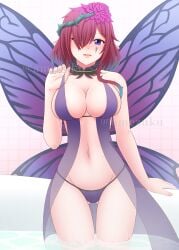 1girls amezuku ass_visible_through_thighs babydoll bare_midriff bare_thighs bath blue_eyes blue_panties breasts fairy fairy_wings female female_only fire_emblem fire_emblem_heroes hair_over_one_eye large_breasts looking_at_viewer medium_hair midriff nightgown nintendo open_mouth panties pointy_ears purple_hair purple_panties see-through sideboob smile solo steam sweat thighs triandra_(fire_emblem) undressing violet_hair wet