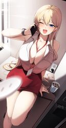 1girls big_breasts blonde_hair blue_eyes breasts button_pop cleavage ddangbi looking_at_viewer no_bra office_lady original original_character solo solo_female tagme