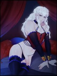 1boy androgynous berserk black_legwear blue_eyes choker crossdressing crossdressing_male femboy gomi-cake griffith long_hair looking_at_viewer male pale-skinned_femboy pale-skinned_male pale_skin penis platinum_blonde_hair pubic_hair solo trap white_hair