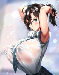 1girls adjusting_hair arms_behind_head big_breasts black_hair blue_eyes breasts female female_focus female_only kawahagitei large_breasts looking_at_viewer mizuki_kawahagi nipples nipples_visible_through_clothing original original_character tagme wet_clothes wet_shirt