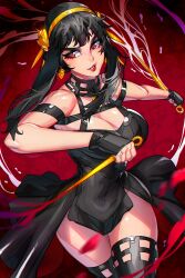 1girls absurd_res assassin black_hair breasts cleavage dress female female_only hi_res large_breasts pose red_eyes solo spy_x_family stiletto_(weapon) thighs thorn_princess wide_hips xdtopsu01 yor_briar