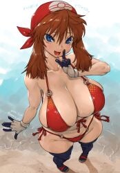 alternate_breast_size amania_orz beach bikini blue_eyes bow_hairband breasts brown_hair cleavage creatures_(company) female game_freak gloves hairband highres huge_breasts human_female large_breasts may_(pokemon) nintendo open_mouth pokemon pokemon_(game) pokemon_rse solo swimsuit water