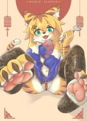 anthro azi_4081 blush breasts clothed clothing cutlery feet felid female foot_fetish foot_focus fork fur genitals green_eyes hair hi_res kitchen_utensils looking_at_viewer mammal mia_(world_flipper) open_mouth pantherine paws pussy smile solo stripes tiger tools world_flipper yellow_body yellow_fur