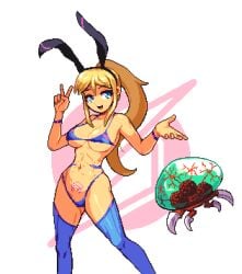 1girls animated baby_(metroid) bikini blonde_hair blue_eyes bunny_costume bunnysuit crotch_tattoo female gif metroid metroid_(creature) nintendo noscium pixel_art samus_aran white_background