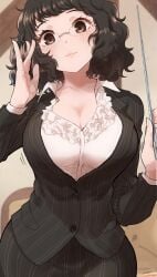 1girls big_breasts business_suit female female_only glasses kurosususu light-skinned_female open_shirt persona persona_5 sadayo_kawakami smiling_at_viewer solo suit teacher