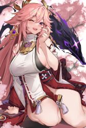 1girls animal_ears big_breasts earrings female female_only genshin_impact hair_ornament hi_res highres kikimi large_breasts long_hair looking_at_viewer one_eye_closed pink_hair purple_eyes sitting solo solo_female thick thick_thighs thighs voluptuous wink yae_miko