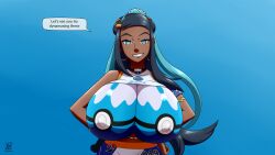 1girls alternate_body_type alternate_breast_size big_breasts blue_eyes bodypaint breasts breasts_out busty curvaceous curves curvy curvy_body curvy_female curvy_figure dive_ball female female_focus huge_breasts human_female large_breasts looking_at_viewer nessa_(pokemon) pokeball pokemon pokemon_ss solo solo_female tagme talking_to_viewer voluptuous ydbunny