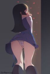 arikindows10 artist_name ass barbara_parker black_hair blue_eyes blush cameltoe crotch female fingering from_behind heart little_witch_academia long_hair luna_nova_school_uniform masturbation miniskirt open_mouth panties peeping school_uniform signature skirt solo sweatdrop underwear upskirt white_panties