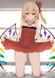 ass_visible_through_thighs bangs bare_arms bare_shoulders blonde_hair blush bow clothes_lift collarbone commentary_request crystal dress dress_lift eyebrows_visible_through_hair female flandre_scarlet hair_between_eyes highres kashiwagi_yamine kneeling lifted_by_self long_hair looking_at_viewer no_panties pussy_juice pussy_juice_drip red_bow red_dress red_eyes red_ribbon ribbon side_ponytail smile solo spaghetti_strap thighs touhou wings