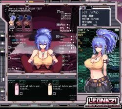 1boy alternate_breast_size animated big_breasts blue_eyes blue_hair breast_squeeze breasts censored cooperative_paizuri cum cum_on_body cum_on_breasts cum_on_face dog_tags earrings ejaculation emotionless_sex expressionless gif hetero huge_breasts ikari_warriors jewelry king_of_fighters large_breasts leona_heidern paizuri penis pixel_art snk straight tank_top triangle_earrings uramoto_kouji yellow_tank_top