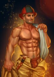 1boy bulge firefighter jockstrap looking_at_viewer male male_only muscles muscular muscular_male pants_unbuttoned pinup unnamed_character zharts