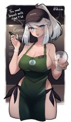 1girls apron big_breasts blue_eyes breasts bridgette_(psidubs) hat iced_latte_with_breast_milk light-skinned_female light_skin looking_at_viewer marker meme oc original_character psidubs smiling smiling_at_viewer teasing thighs