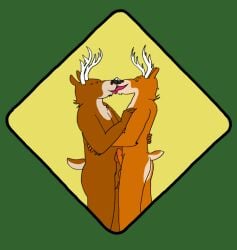 anthro antlers black_nose brown_body cervid cervine chin_tuft closed_eyes deer_crossing duo embrace face_lick facial_tuft facing_each_other frottage fur fur_tuft genitals green_background hand_on_chest hand_on_hip horn humanoid_genitalia humanoid_penis kissing licking licking_muzzle male male/male mammal multicolored_body neck_tuft nose_to_nose nuzzle_(artist) orange_body penis penis_on_penis scut_tail sex short_tail simple_background tongue tongue_out tuft two_tone_body white_body yellow_background