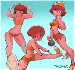 1girls 2020s 2022 breasts cute dolphin_shorts female female_only glasses hanna-barbera looking_at_viewer muscular muscular_female philtomato scooby-doo shorts side_slit sneakers solo stretching tomboy velma_dinkley watermark workout_clothes