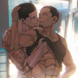 2boys abs artist_request bara chin_pubes gay golden_kamuy hajime_tsukishima hand_under_clothes hand_under_shirt looking_at_viewer male/male male_focus male_only muscular muscular_male ogata_hyakunosuke scar shirt_lift shirt_only shirt_up tattoo yaoi