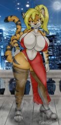 1girls anthro big_breasts blonde_hair breasts daphne_dress dress green_eyes high_heels long_hair looking_at_viewer mammal mammal_humanoid red_dress tabykat tabytha_starling thick_thighs tiger tiger_humanoid wide_hips