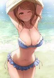 areola_slip armpits arms_up bangs beach bikini blue_bikini blush breasts brown_eyes brown_hair cleavage female frilled_bikini frills highres hojo_karen idolmaster idolmaster_cinderella_girls jewelry large_breasts looking_at_viewer mk_(mod0) navel necklace nitta_minami one_eye_closed short_hair smile solo standing swimsuit undressing