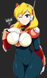 1girls alia armor big_breasts blonde_hair blue_eyes bodysuit breasts danmakuman female mega_man mega_man_x mega_man_x_dive smile solo tagme wink