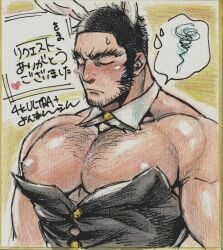 1boy artist_request bara bara_tiddies bara_tits big_pecs blush blushing body_hair bunny_ears bunnysuit chest_hair closed_eyes crossdressing embarrassed golden_kamuy huge_pecs large_pectorals male_focus male_nipples male_only manly_crossdresser massive_pecs muscular muscular_male no_visible_genitalia solo solo_focus solo_male tanigaki_genjirou translation_request