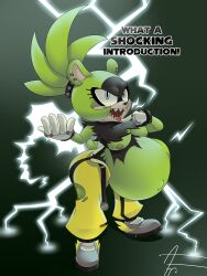 3:4 afraart afrosoricid anthro belly big_belly blue_eyes breasts electricity exposed_breasts female fur green_body green_fur hi_res idw_comics idw_publishing lightning mammal mobian_(species) nipples sega solo sonic_(series) sonic_the_hedgehog_(comics) sonic_the_hedgehog_(idw) sonic_the_hedgehog_(series) surge_the_tenrec tenrec vore