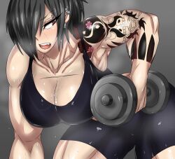 1girls big_breasts black_hair hair_over_one_eye lifting muscular_female original piercings sweat tagme tattoos yuko_mizobuti_(zokusuke) zokusuke