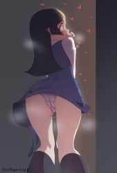 arikindows10 artist_name ass barbara_parker black_hair blue_eyes blush cameltoe crotch female fingering from_behind heart little_witch_academia long_hair luna_nova_school_uniform masturbation miniskirt open_mouth panties peeping pussy_juice school_uniform signature skirt solo sweat underwear upskirt white_panties