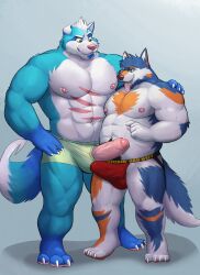 3_toes 4_fingers 4_toes 5_fingers abs absurd_res anthro barefoot big_penis bin_(artist) blue_body blue_fur bodily_fluids boxers_only canid canine canis clothed clothing dipstick_tail dripping duo erection erection_under_clothing facial_hair feet fingers fluffy fluffy_tail foreskin fur genital_fluids genitals goatee green_eyes grey_eyes hand_on_shoulder hi_res humanoid_genitalia humanoid_penis jockstrap jockstrap_only male male/male mammal markings muscular muscular_male navel nipple_piercing nipples open_mouth open_smile orange_body orange_fur patterned_fur pecs penis penis_on_penis penis_through_fly piercing poking_out precum precum_drip precum_on_finger size_difference smile tail_markings toes tongue tongue_out underwear vein veiny_penis white_body white_fur wolf