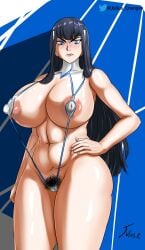 1girls abs areolae bare_breasts bare_shoulders black_hair blue_eyes blush breasts curvy erect_nipples eyelashes female female_only gigantic_breasts huge_areolae huge_breasts kill_la_kill kiryuuin_satsuki kokuji788 large_breasts light-skinned_female long_hair pubes pubic_hair shiny_skin sling_bikini slingshot_swimsuit smile solo thick_thighs thighs venus_body wide_hips