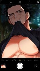 1boy artist_request biting_shirt camera camera_phone camera_view erect_nipples golden_kamuy male_focus male_nipples male_only muscular muscular_male scars scars_on_face shirt_lift shirt_up solo solo_focus solo_male sugimoto_saichi