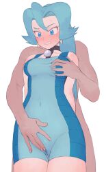 1boy absurdres black_choker blue_bodysuit blue_eyes blue_hair blush bodysuit breast_grab breasts cameltoe choker clair_(pokemon) clothed_female_nude_male commentary_request covered_navel earrings eyelashes female gem grabbing groping highres human_female jewelry long_hair looking_down nude pearl_(gemstone) pokemon pokemon_(game) pokemon_hgss ponytail shizuka_no_uni stained_clothes straight sweat tooth_earrings two-tone_bodysuit white_background