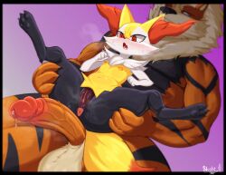 animal_penis anthro anthro_on_anthro anus arcanine balls blush blushi_(artist) bodily_fluids braixen breasts canid canine duo erection female fur genital_fluids genitals hi_res male mammal nintendo nipples nude penis pokemon pokemon_(species) pussy spreading video_games