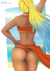 1girls ass back_view beach big_ass big_butt bikini bikini_bottom bikini_top blonde_hair blue_hair dark-skinned_female dark_skin female female_only flowing_clothing flowing_hair league_of_legends league_of_legends:_wild_rift nidalee ocean_song_nidalee riot_games solo solo_female strapless strapless_top strapless_topwear tejorooj thick_ass thick_thighs tubetop