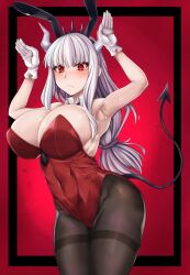 1girls armpits ass big_ass big_breasts blush breasts bunny_ears bunnysuit demon_girl demon_tail gloves helltaker hi_res highres horns long_hair lucifer_(helltaker) red_eyes thick_thighs white_gloves white_hair wide_hips zatma0041