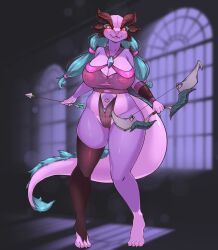 absurd_res anthro areola arrow big_breasts blush bow_(weapon) breasts catree clothed clothing dragon female fur genitals hair hi_res holding_object horn looking_at_viewer pussy ranged_weapon smile solo weapon wingless_dragon