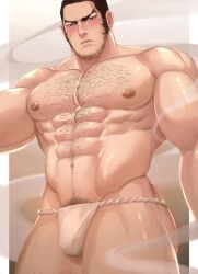 1boy abs bara big_muscles black_hair blush blushing body_hair bulge chest_hair erect_nipples facial_hair fundoshi fundoshi_only golden_kamuy hairy hairy_chest hairy_male hairy_thighs human human_only light-skinned_male light_skin looking_at_viewer looking_down male male_focus male_nipples male_only muscles muscular muscular_male nipples pecs pectorals pubic_hair shiny_skin six_pack solo solo_focus solo_male steam tanigaki_genjirou underwear underwear_only white_fundoshi white_underwear